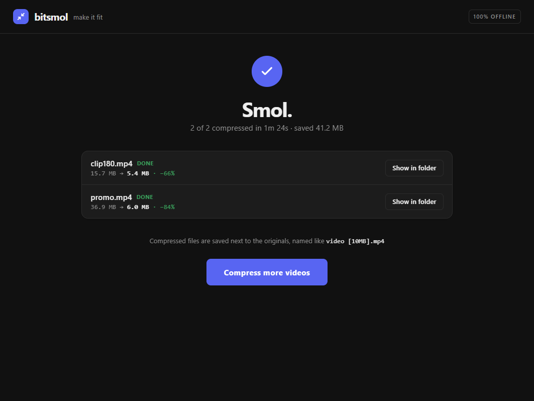 bitsmol finished compressing a 36.9 MB video down to 6 MB to fit Discord