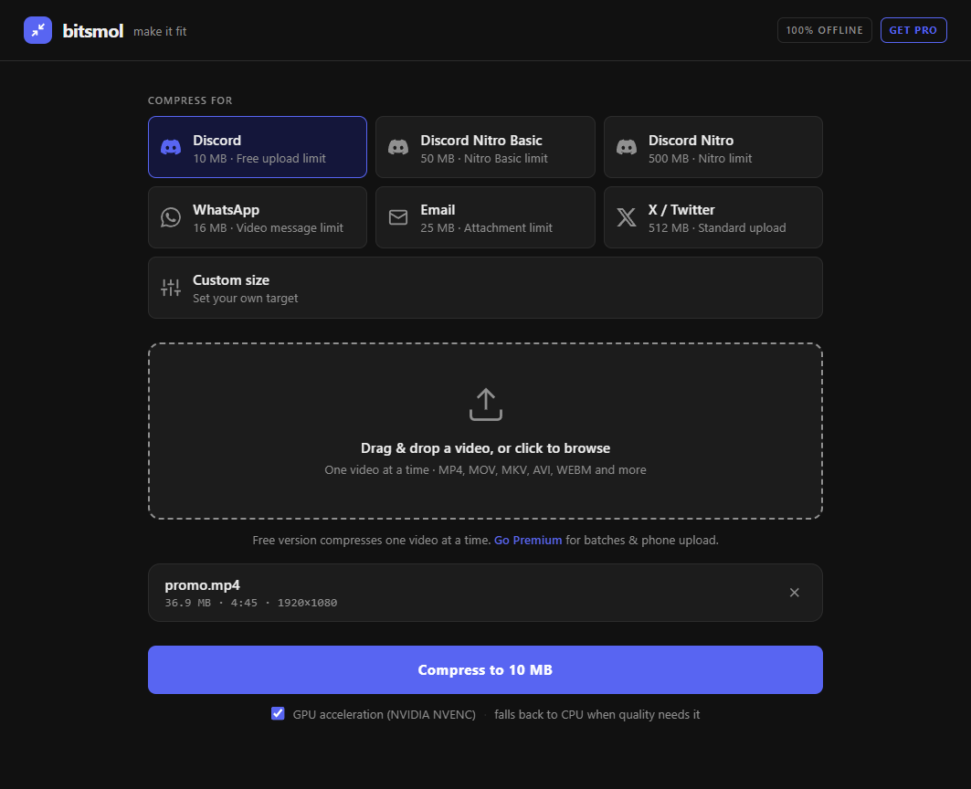 bitsmol app — choose a size preset like Discord 10 MB and drop your video to compress it